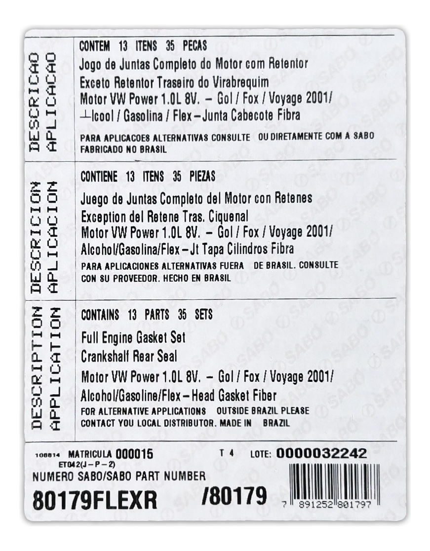 Jogo Junta Motor Fox 1.0 8v 2010 A 2016 Sabó 80179 - Imagem 2